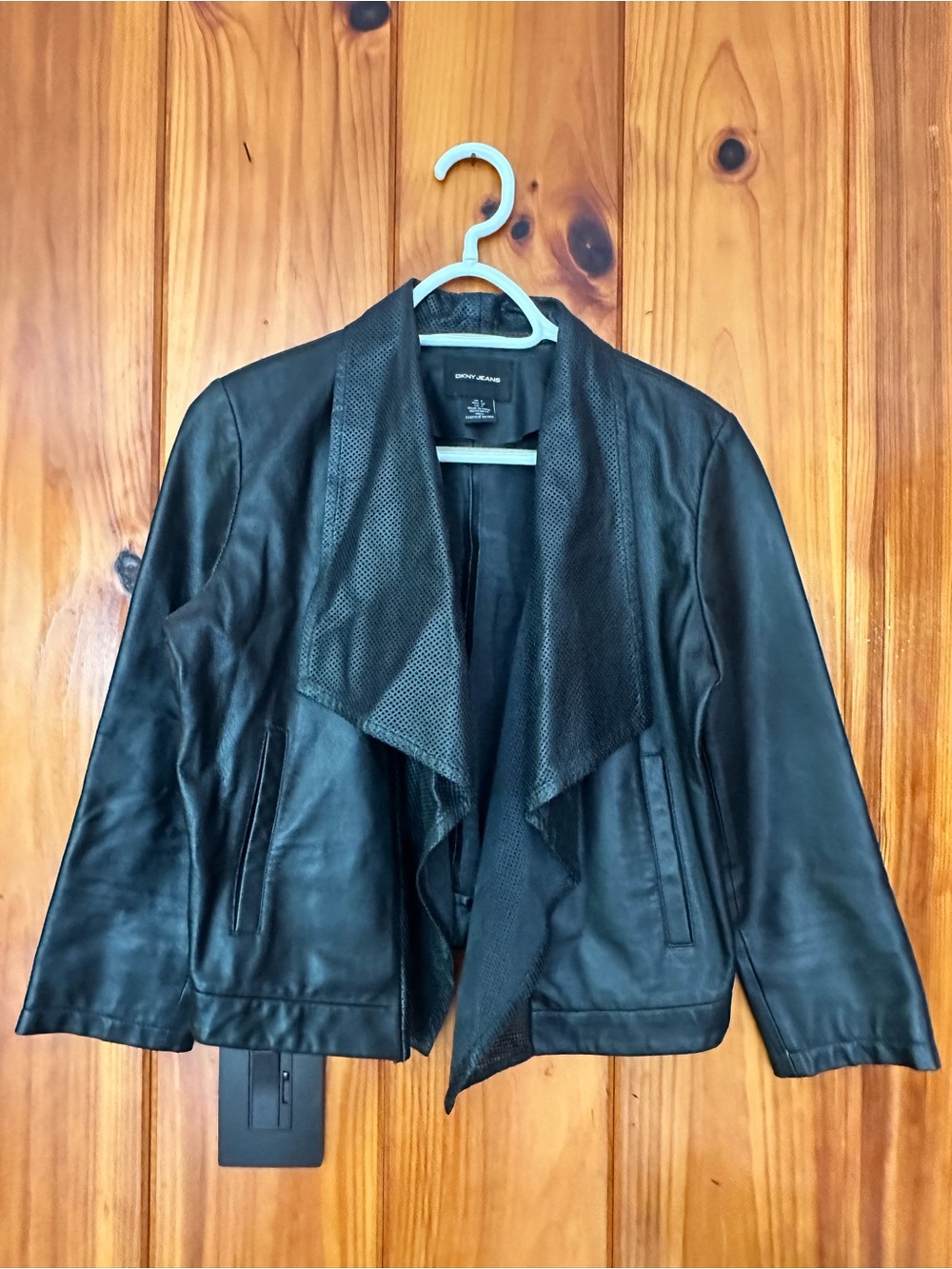 DKNY JEANS Black Faux Leather Draped Open-Front Jacket